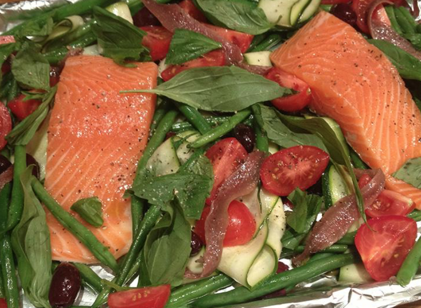 Salmon and vegetables in a tray